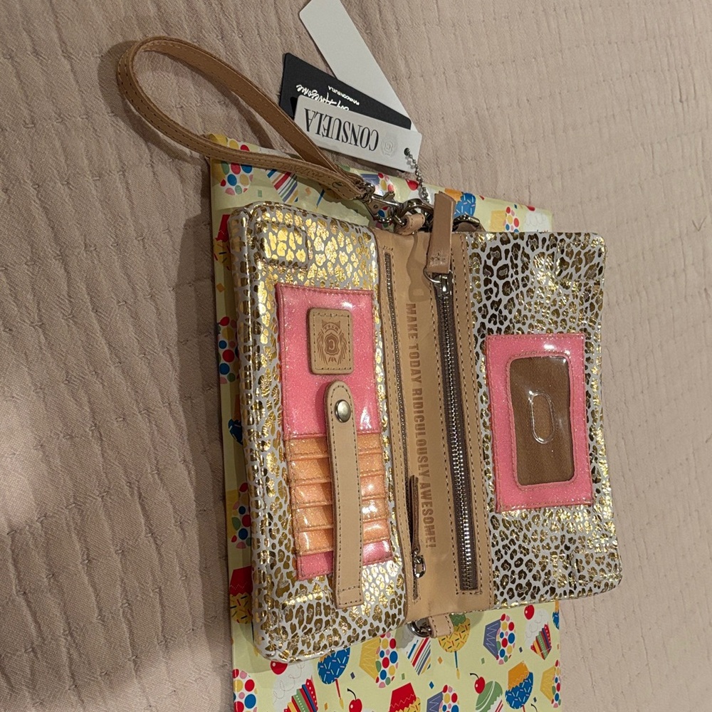 Consuela Gold and Pink Leopard Wristlet/Crossbody